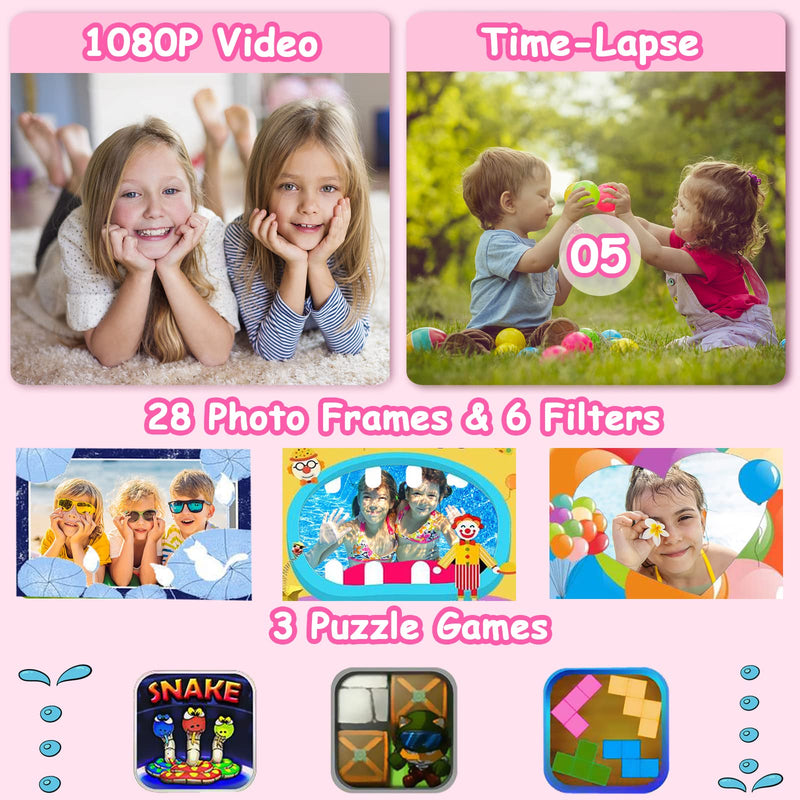 Agoigo Kids Waterproof Camera Toys for 3-12 Year Old Girls Christmas Birthday Gifts, Kids Underwater Sports Camera HD Children Digital Action Camera 2 Inch Screen with 32GB Card (Rose Red) Rose Red