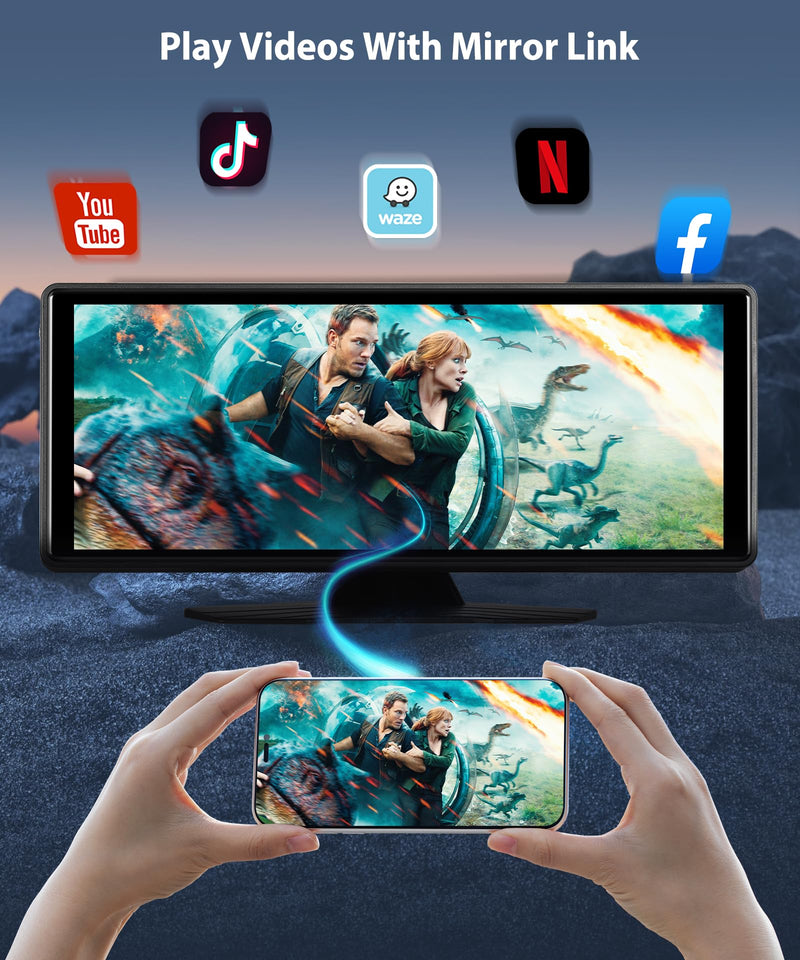 10.26” Wireless CarPlay Screen Portable Car Stereo, Upriding Wireless Android Auto Mirror Link, 1600x600 IPS Touchscreen, Voice Control, Navigation, Bluetooth, Plug n Play