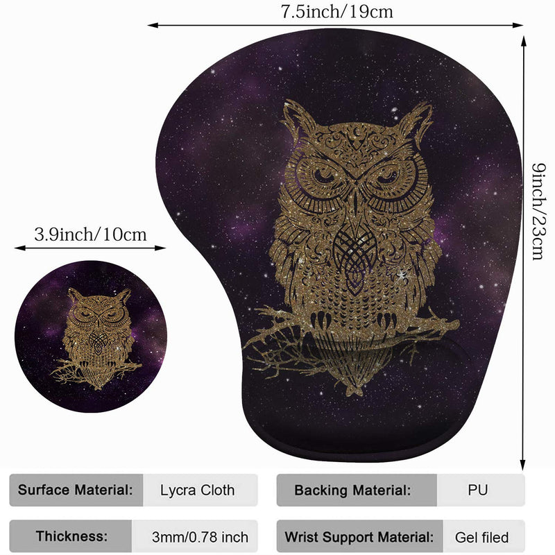 2 Pack Gaming Mouse Pad and Coaster, Ergonomic Mouse Pad with Wrist Support Gel, Non-Slip PU Base, Easy Typing Pain Relief Effect, Suitable for Office and Home (Starry Owl) Starry Owl