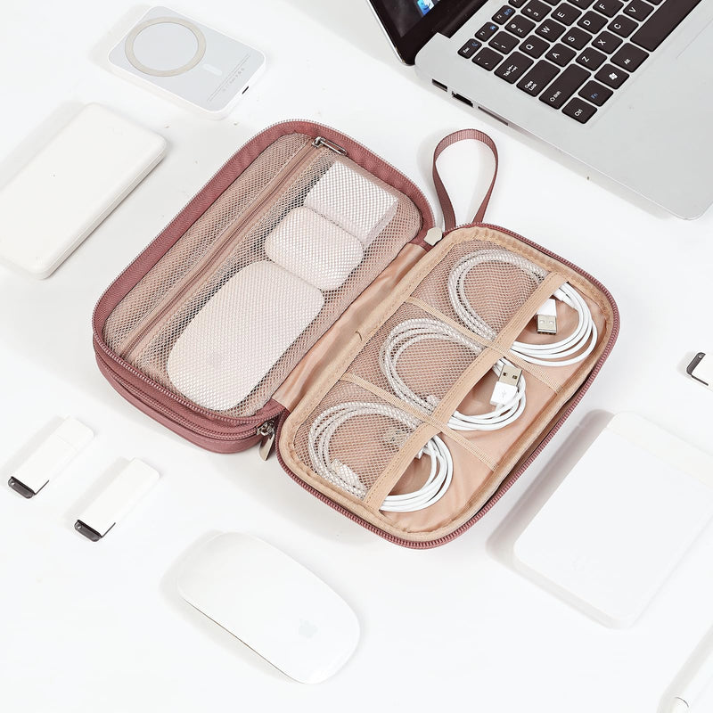 NISHEL Travel Cord Organizer Case, Double Layers Tech Electronic Case, Travel Essentials for Charger, Cable, Phone, Flash drive, Rose-wood Pink Double layer