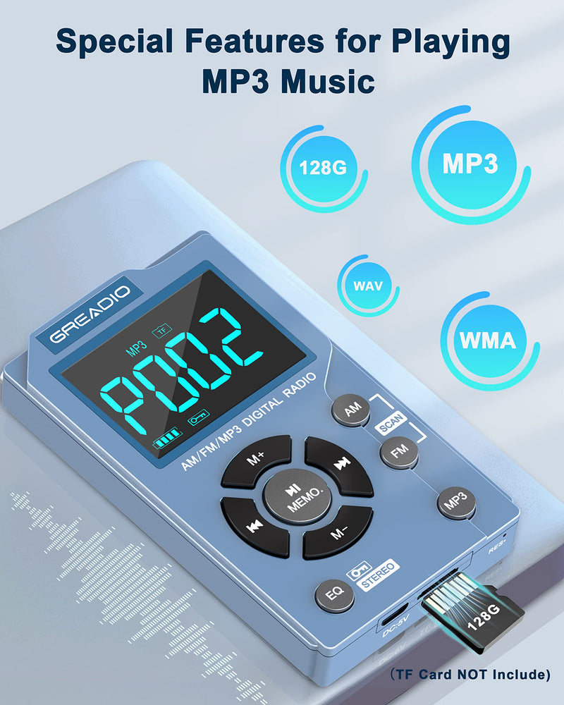 [AUSTRALIA] - Greadio Portable AM FM Radio with MP3 Player, Best Reception Pocket Radio, Large LCD Screen and Easy to Use, 6 EQ Stereo, Earphone Jack for Jogging, Walking, Camping Blue 