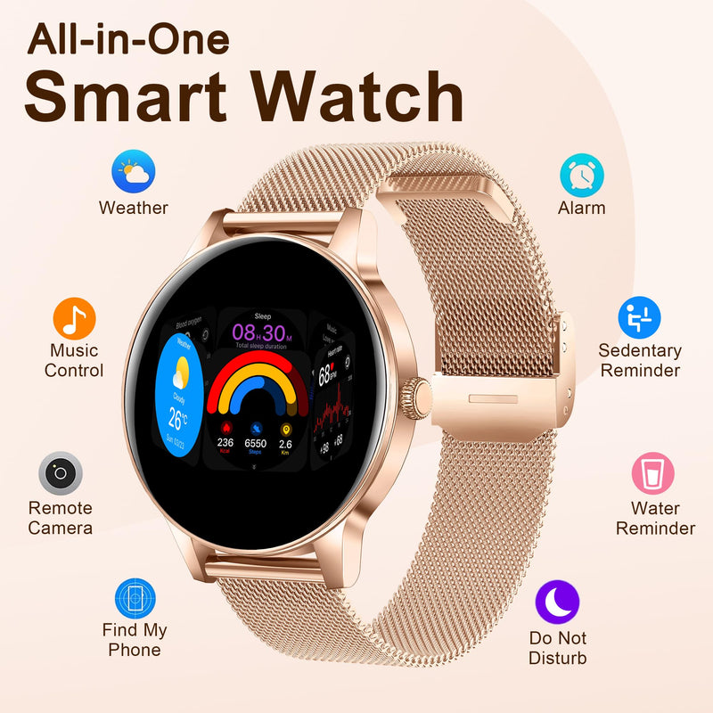 Smart Watches for Women, 1.27" HD Round 3 Bands Rosegold | Fitness Tracker for Android Phones & iPhones, Answer/Make Calls, Sleep Monitor, IP68 Waterproof, 110+ Sport Modes