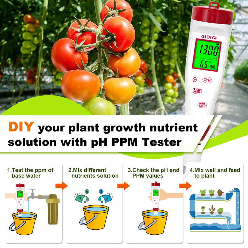 [AUSTRALIA] - pH Meter for Hydroponic Water,Digital EC ppm Tester for Nutrients,pH TDS Reader 4 in 1 with 1413 μs/cm Calibration Solution,High-Sensitivity Backlit Display for Drinking Water,DWC,Indoor Plants 4 in 1 pH Meter with Calibration Solution 