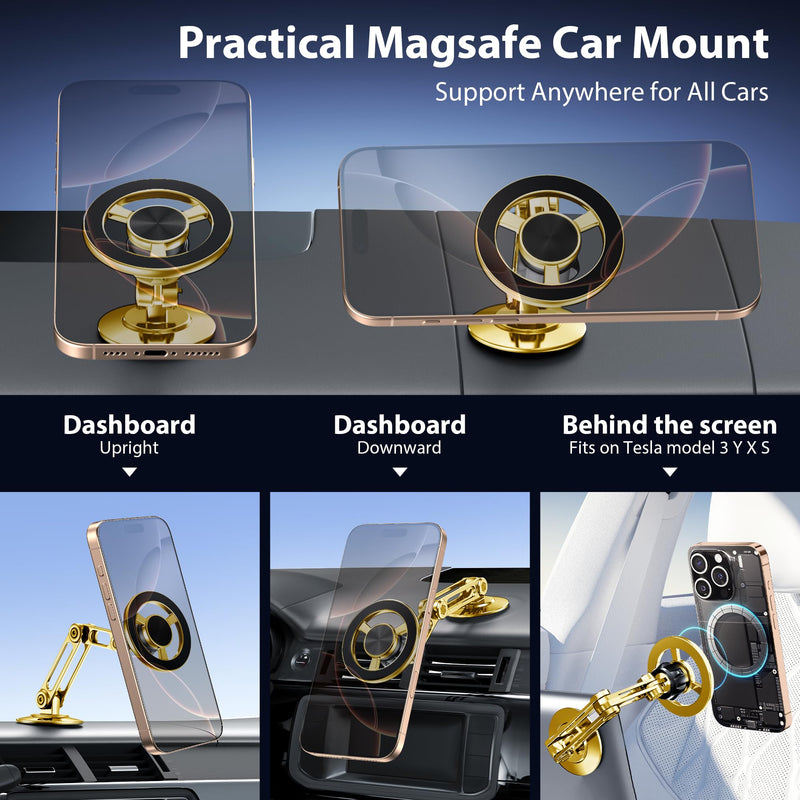 Ultra Magnetic Long-Arm Phone Holder Stand, Fits for MagSafe Car Mount Bracket【Windshield+Vent+Dash】, 360° Rotation Adjustable Strong Magnets Car Mount Desk Office Phone Cradle Holder, Gold