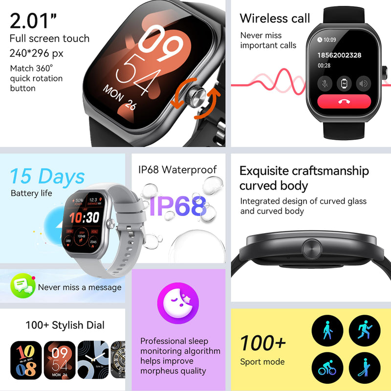 Smart Watches for Men(Answer/Make Call), 2.01" Curved Screen HD Fitness Tracker Watch with Blood Pressure/Heart Rate Monitor, SpO2, Fitness Watch for Men, Smart Watch for Android/iOS Phones (Silver)