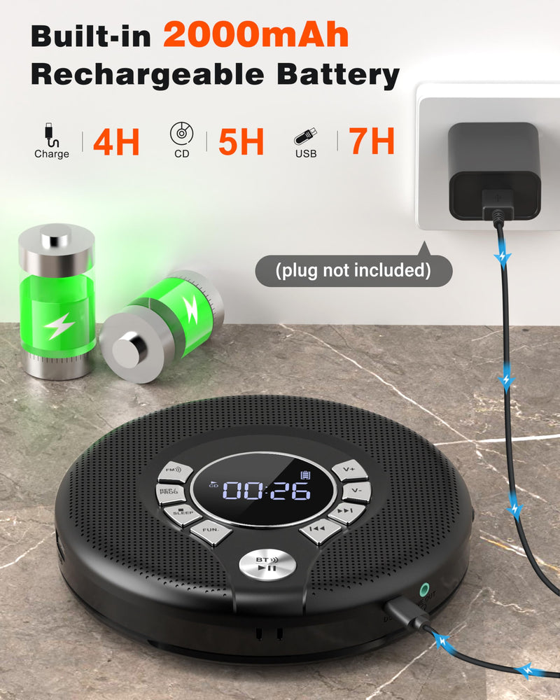 [AUSTRALIA] - Greadio Portable Bluetooth CD Player with 2000mAh Rechargeable, Personal CD Player for Car with FM Transmitter/AUX, CD Discman Player with Headphone, 120s Anti-Skip, USB Port, Backlight (Black) Black-CD Player with FM Transmitter 