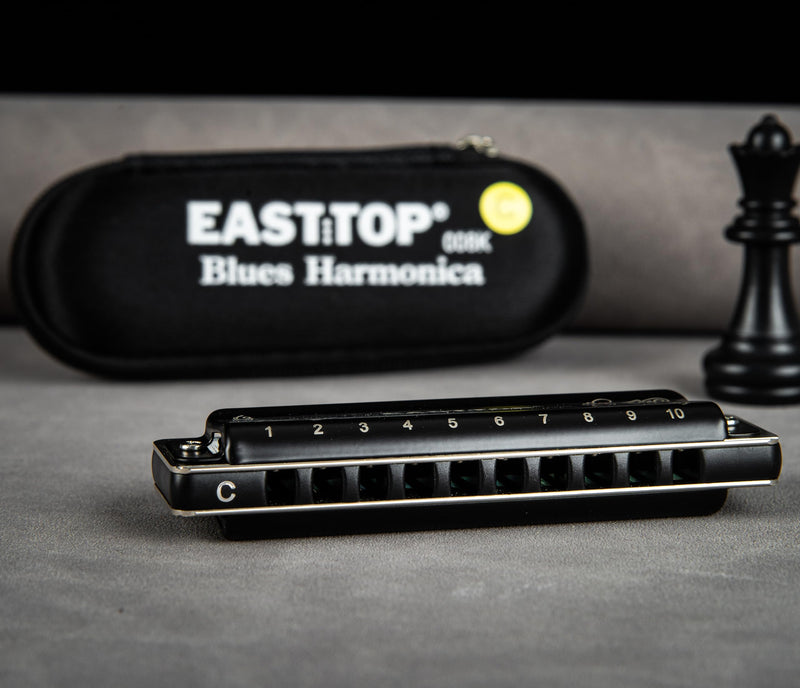 [AUSTRALIA] - EAST TOP T008K 2.0 Update Harmonica Key of D, 10 Holes Diatonic Mouth Organ with Zipper Case, Standard Deluxe Harmonica For All Levels, Professionals, Beginners and Students, as a Gift BLACK-D 