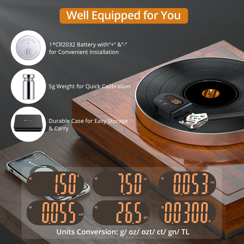 Neoteck Upgraded Digital Turntable Stylus Force Scale Gauge 0.01g/5.00g with Orange LCD Backlight and 5g Weight for Tonearm Phono Cartridge