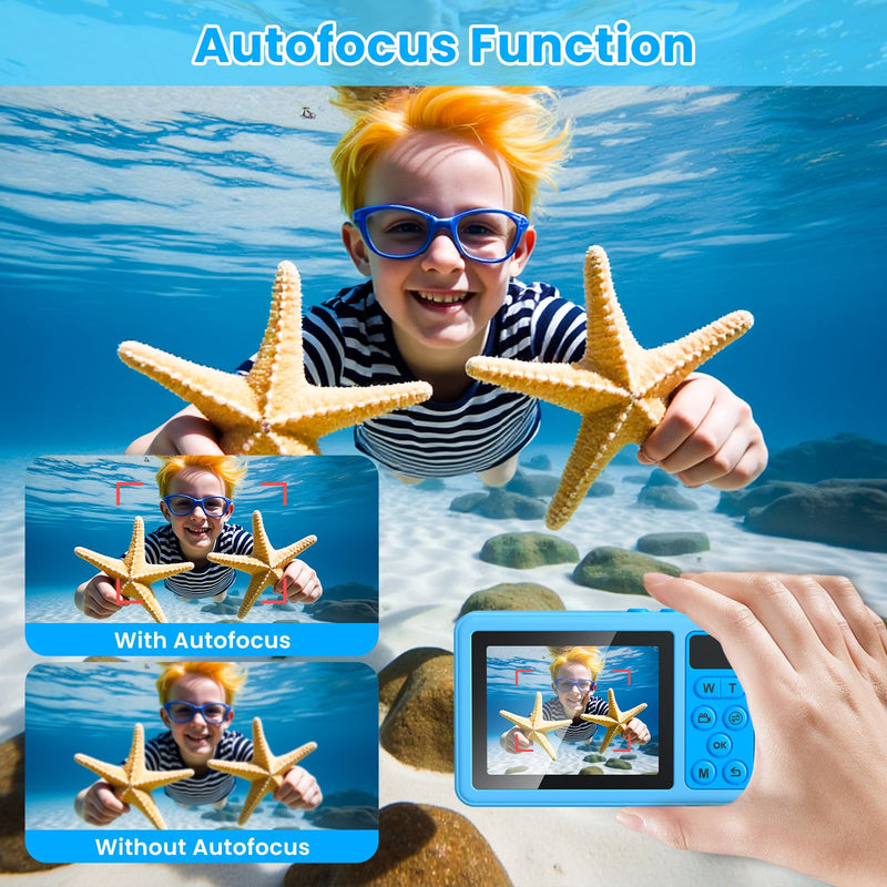 4K Waterproof Camera,10FT Underwater Digital Camera,48MP Floating Camera | for Snorkeling,Surfing,Swimming and Kayaking,Dual-Screen Selfie,Autofocus,18X Zoom,Fill Light,32GB Card,Type-C Rechargeable Blue