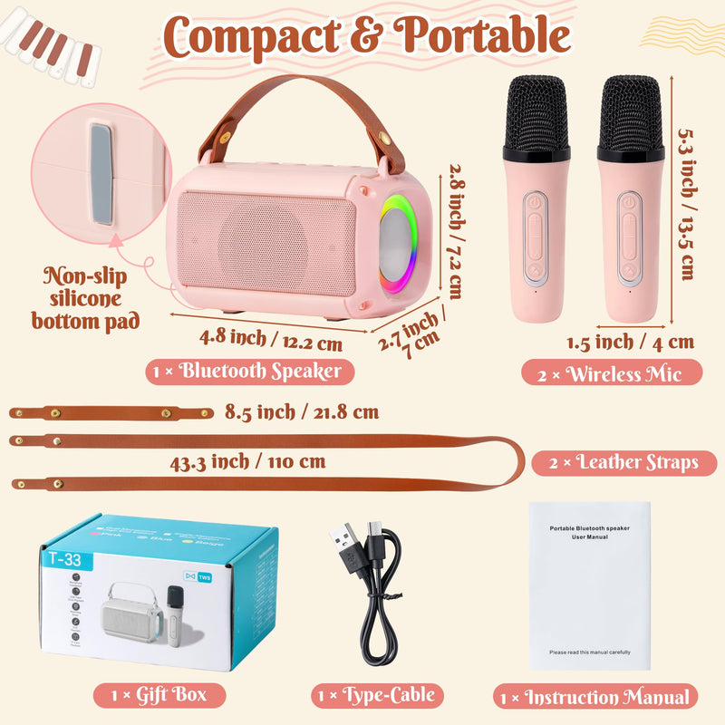 [AUSTRALIA] - MALLMALL6 Mini Karaoke Machine with 2 Wireless Microphone for Kids Portable Bluetooth 5.3 Karaoke Mic LED Color Lights Speaker Christmas Birthday Family Home Party Toys Gift for Boys Girls Pink 