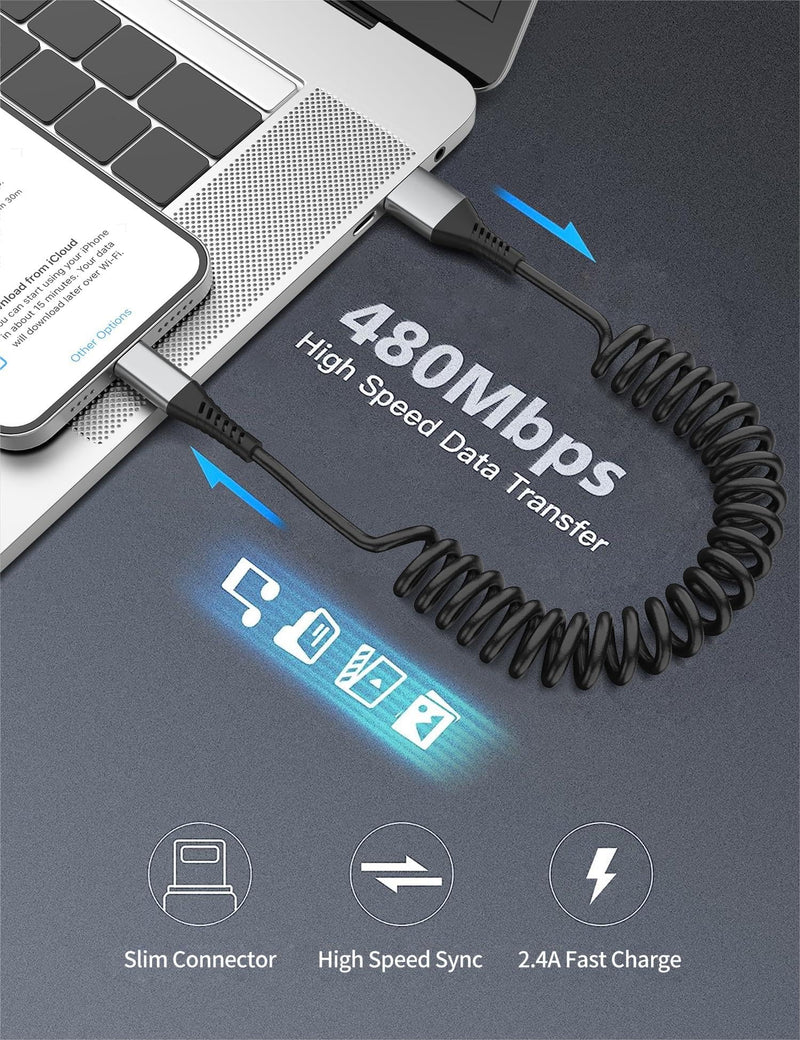 [AUSTRALIA] - Coiled Lightning Cable for Car, 2Pack Retractable iPhone Charger Cable Fast Charging, [MFi Certified] Short Apple CarPlay USB to Lightning Cord for iPhone 14 13 12 11 Pro Max Mini XR XS 8 SE iPad 3FT Coiled 