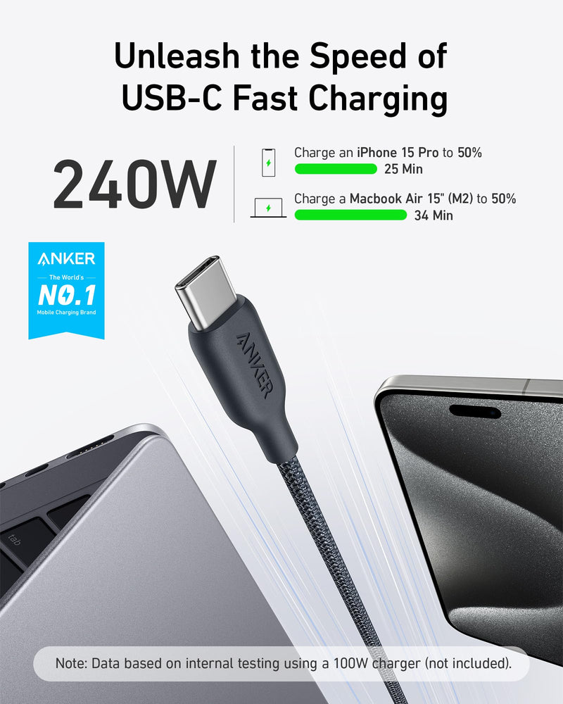 Anker USB C to USB C Cable (240W,10ft), Bio-Braided USB C Charger Cable Fast Charge for iPhone15/15Pro/15Plus/15ProMax, iPad Pro 2020, iPad Air 4, Samsung Galaxy S23+/S23 Ultra 10ft Black 1