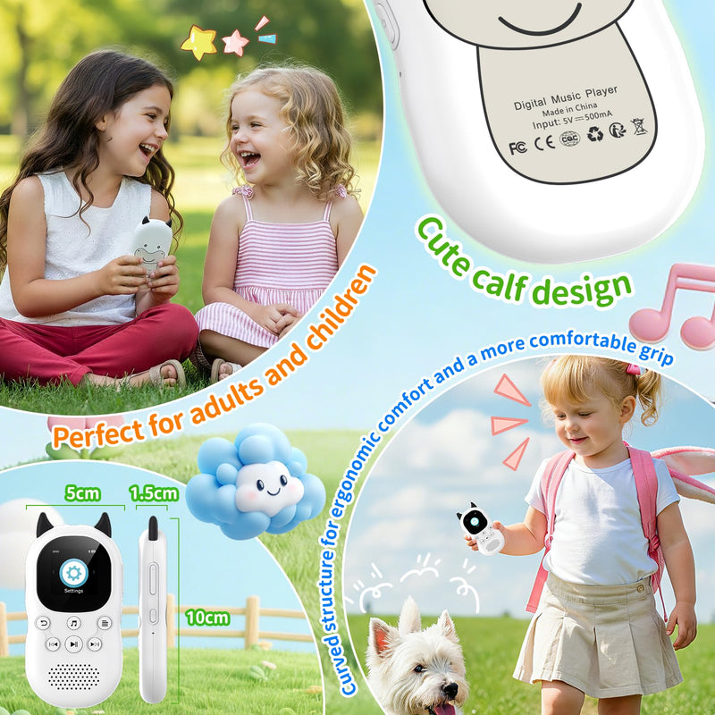 [AUSTRALIA] - 64GB mp3 Player for Kids with Bluetooth 5.3,Child Music Player with Speaker, FM Radio, Voice Recorder, Alarm Clock, Stopwatch, One Click to Play, Expandable up to 128GB,Cute Cow Shape, Free Lanyard Off-white 
