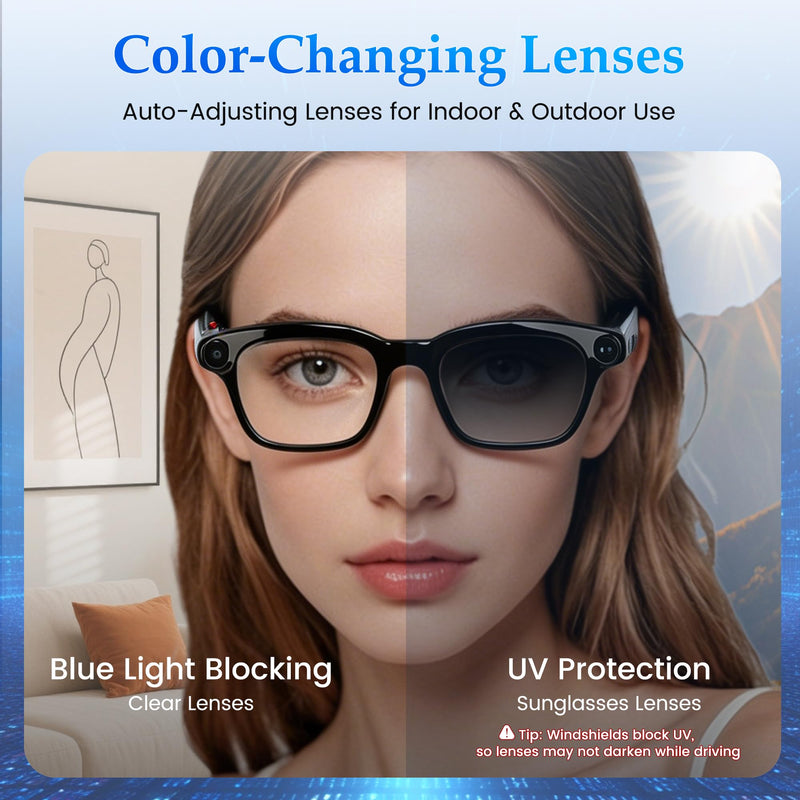 AI Smart Glasses with 8MP Camera, AI Assistant & Bluetooth Audio | 1080P Video, HD Photos, Real-Time Translation, Open-Ear Calls & Music, Photochromic Lenses with UV Protection for Men Women Standard