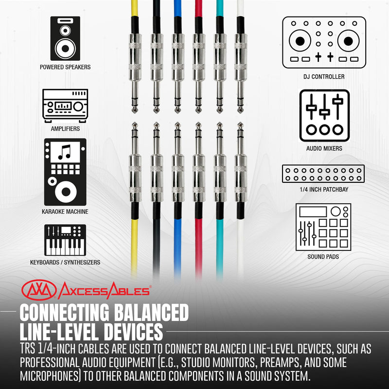 AxcessAbles Balanced Audio Cables - 1/4" TRS to TRS 6 Pack (10ft) 10ft