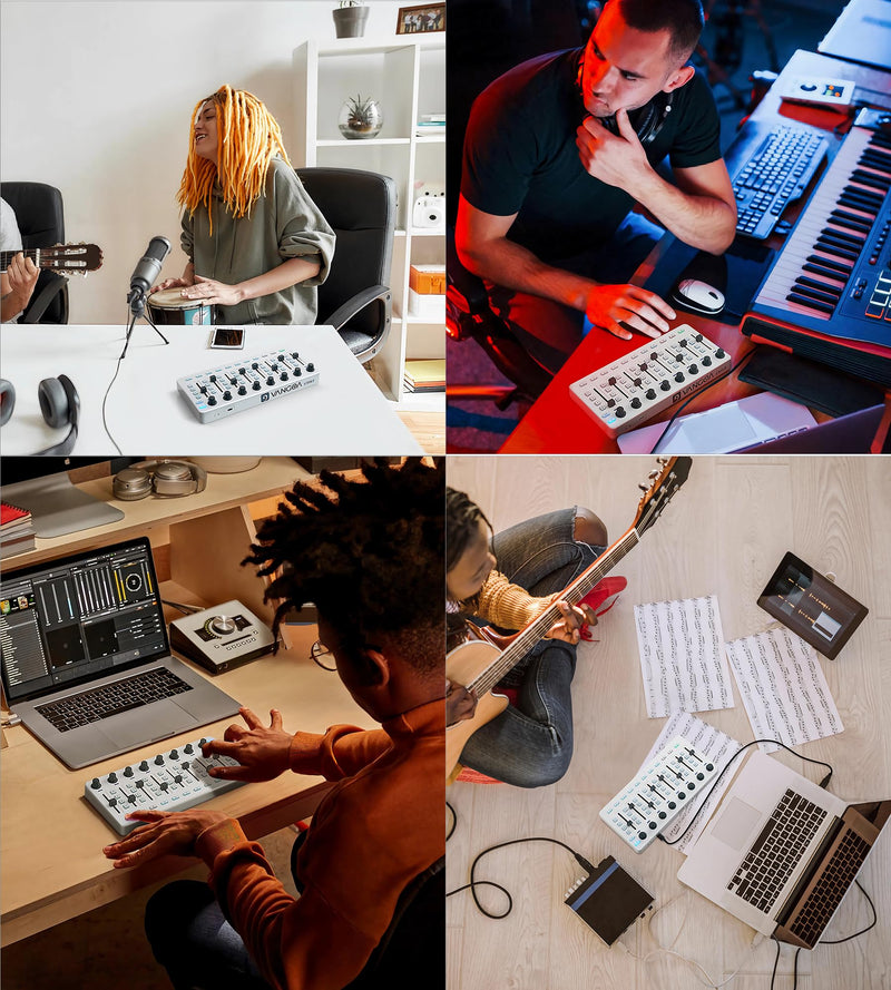 Vangoa Wireless Midi Controller Mixer Mute, Portable USB Midi Keyboard controlador Mixing Console 43 Backlit Button, 8 Channel Faders with LED indicator, 8 Assignable Endless Knobs for Daw, Mac, PC White Midi Mixer