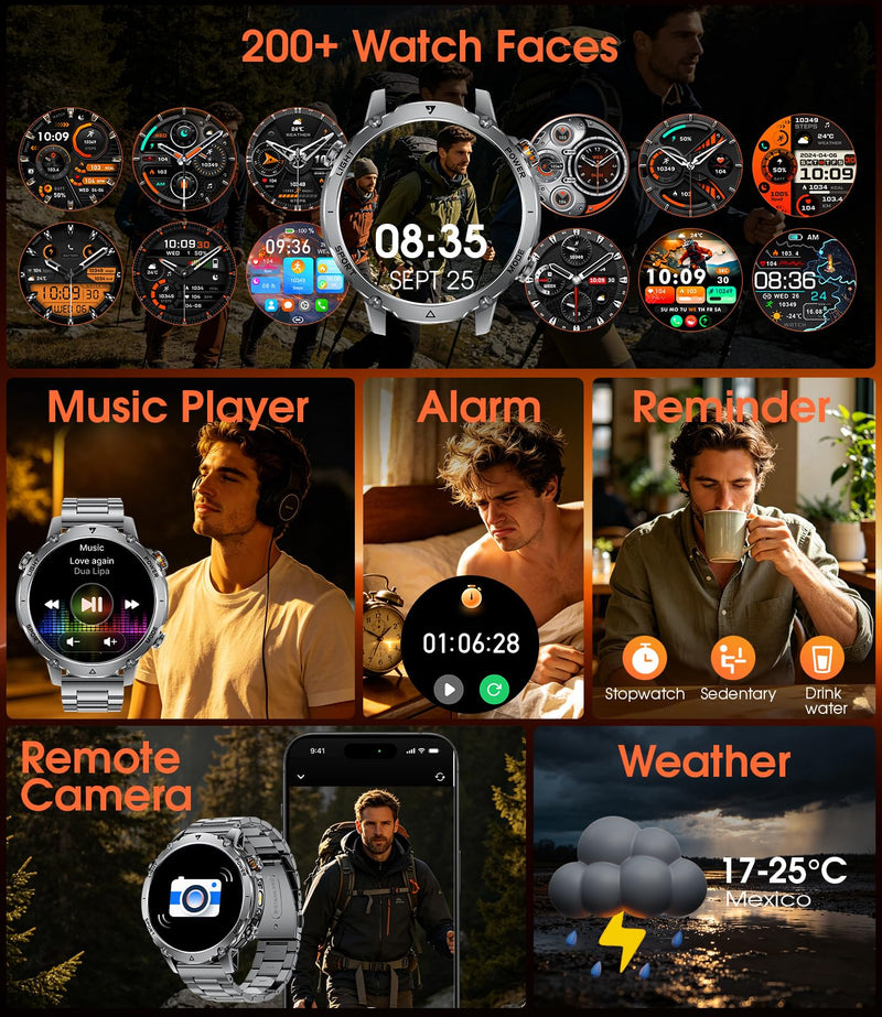 SUNKTA Military Smartwatch for Men 1400mAh Ultra Battery Fitness Smart Watch Answer/Make Calls, Heart Rate,Sleep Tracker, 100+Sports Mode, IP68 Waterproof Smartwatch for Android iPhone(2 Bands) Black