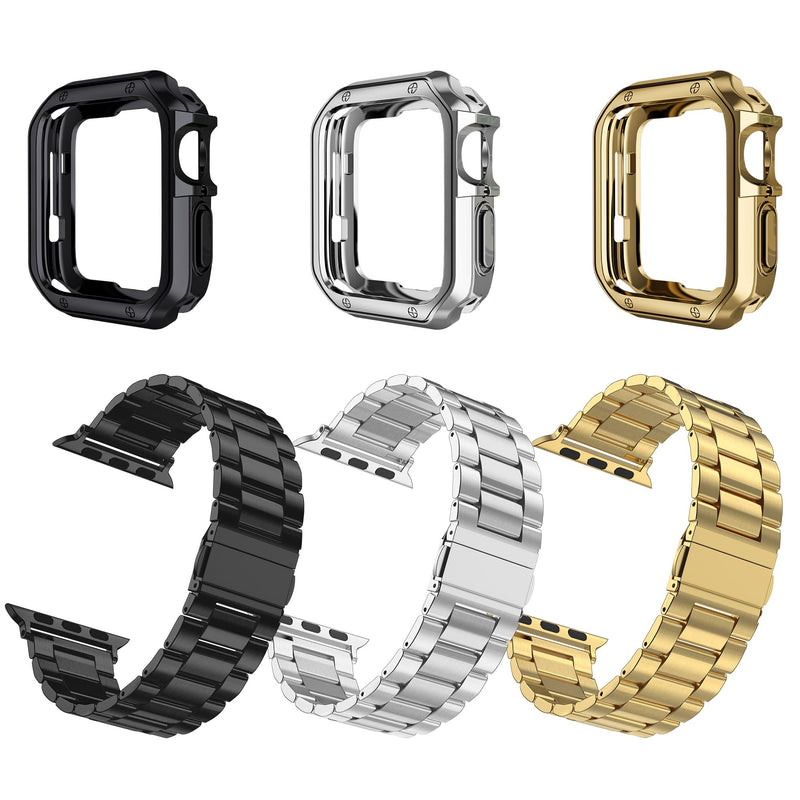 3 Pack Designed for Apple Watch Band, Wrist-Band for i-Watch Series 9 8 7 6 5 4 3 2 1 SE, Stainless Steel Metal Chain with TPU Cover Case, Smart-Watch Link Bracelet Strap, 45 44 42 41 40 38mm Gold+Silver+Black 45/44/42mm
