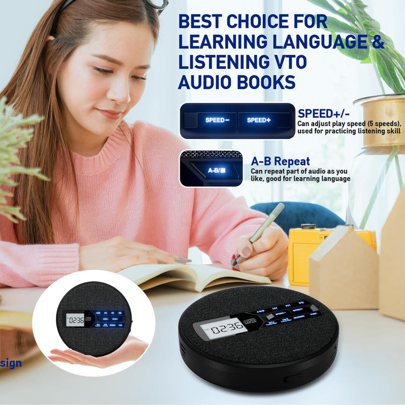 [AUSTRALIA] - Portable CD Player with Dual Bluetooth, Discman for Car with FM Transmitter, Rechargeable, Dual Speakers and Anti Skip,USB,AUX,LCD Display,Backlit Button,Repeat,10 Speeds Black 
