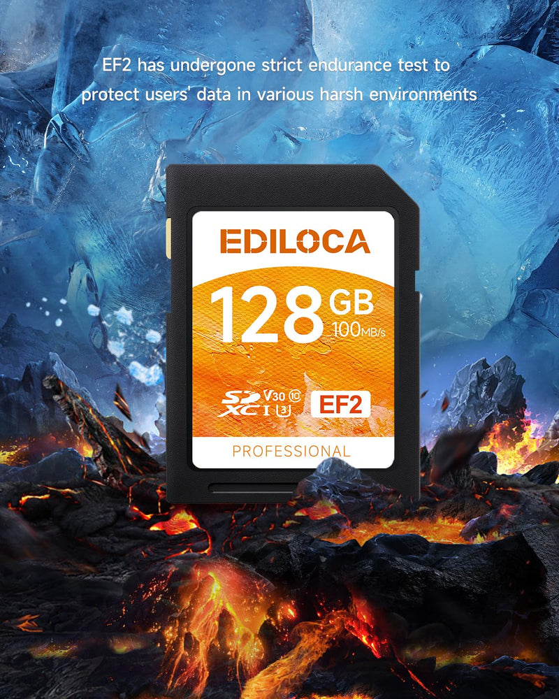 EF2_128GB UHS-I SD Card UHS-I Memory Card Fast Storage, Read Speed 100MB/s, Write Speed 90MB/s, C10, U3, V30, Full-HD & 4K Video, SD Card, Must-Have for Professional Photographers 128GB EF2 -100MB/s