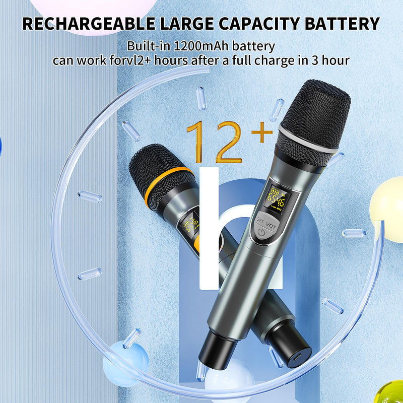 [AUSTRALIA] - Wireless Microphones, Professional UHF Dual Microphones for Karaoke, Wireless Dynamic Microphone System Set with Rechargeable Receiver,Plug and Play, Speech, Wedding, Church, PA System 
