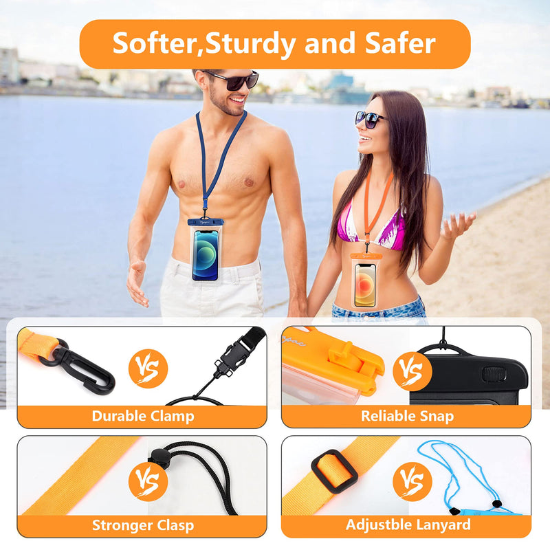 Waterproof Phone Pouch Bag - 7.5in Water Proof Cell Phone Case for Beach Travel Must Haves, Waterproof Phone Holder with Lanyard for iPhone 15 Pro Max Galaxy S23 Pixel 7a, Cruise Essentials Regular [7.5-inch] [Orange + Navy] Waterproof Phone Pouch