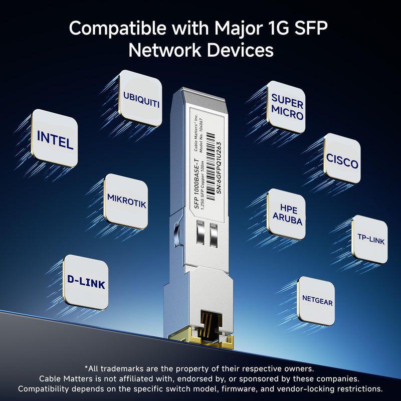 Cable Matters 1000BASE-T Gigabit SFP to RJ45 Copper Transceiver, up to 100m | Ethernet Transceiver Module, Compatible with Cisco, Ubiquiti, TP-Link, Netgear, MikroTik and Supermicro Equipment 1 Gigabit