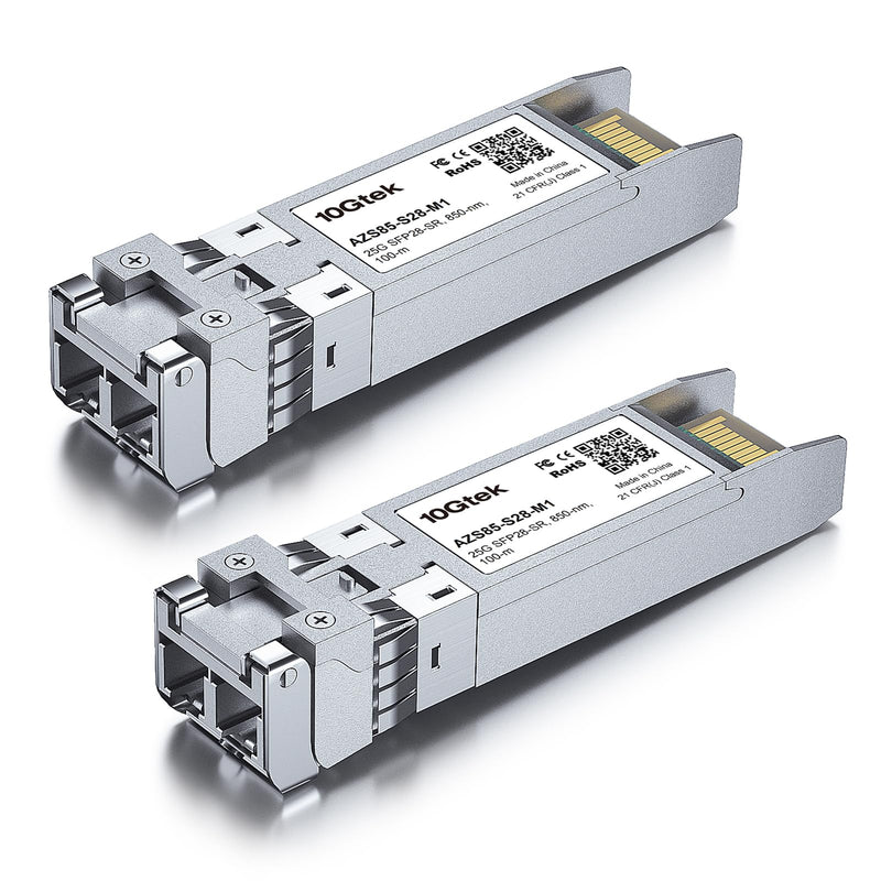 10Gtek 25G SFP28 SFP+ SR Transceiver, 25GBase-SR Duplex LC MMF Optical Module for Mellanox MMA2P00-AS, 850nm, DDM, up to 100m, Pack of 2 25G-SR: 100m x2