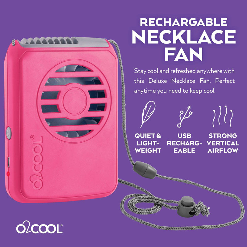 O2COOL Rechargeable Necklace Fan - Portable Hanging Neck Fan with Adjustable Lanyard - 3 Speed Vertical Air Flow – Micro USB Charging Cable Included, 2 Pack (Raspberry) Raspberry