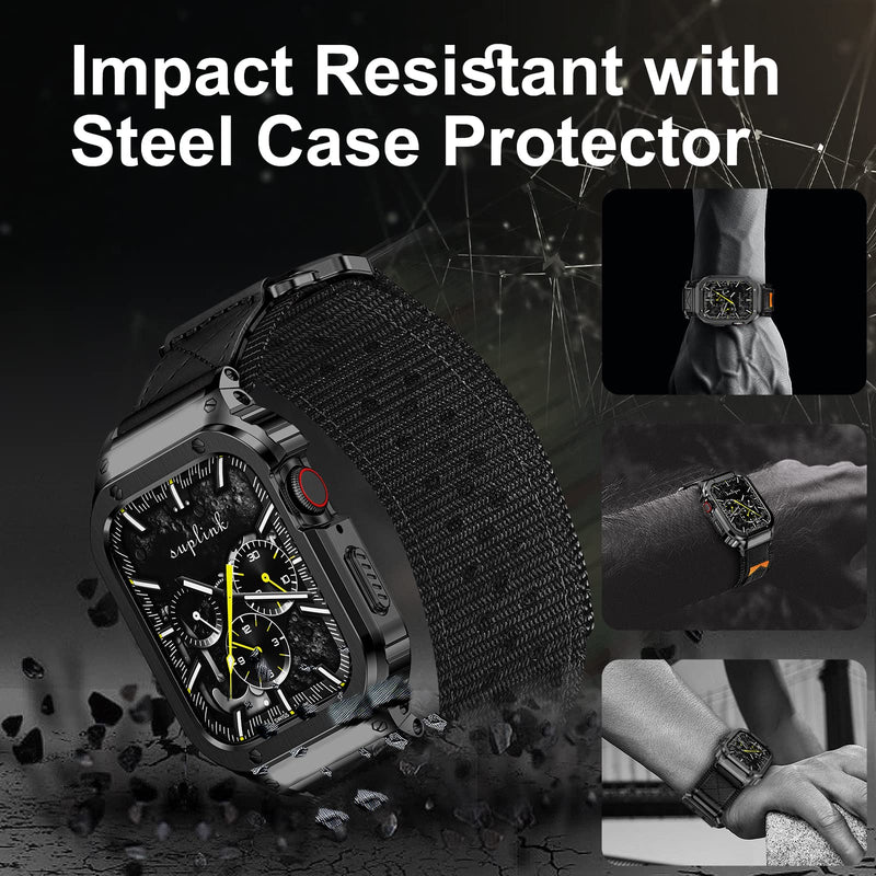 SUPLINK Stainless Steel Case&Nylon Band Compatible with Apple Watch Band 38mm 40mm 41mm 42mm 44mm 45mm 46mm 49mm,Rugged Metal Cover Adjustable Strap for iWatch Series 10 9 8 7 6 5 4 3 2 1 SE Ultra Men Black Large-42/44mm(series SE/6/5/4/3/2/1)
