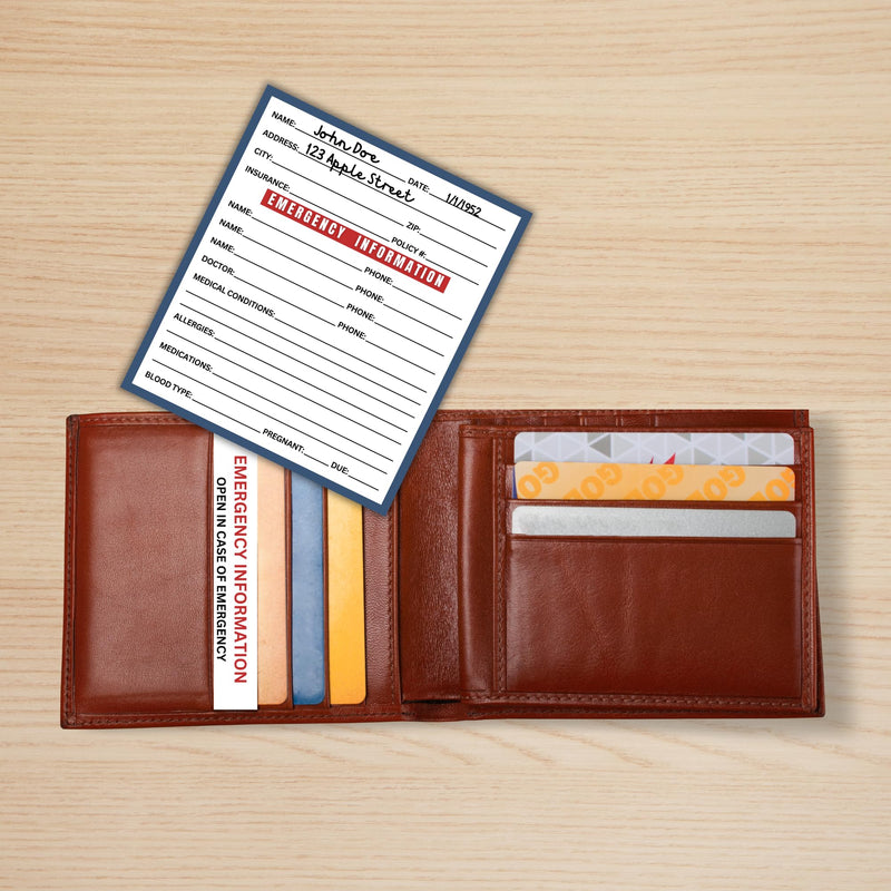 Emergency Info ICE Folded Wallet Card | 10 pk 2x3.5” Blue Medications, Blood Type Identification Card Contacts, Doctor, Allergies in Case of Emergency Bulk Medical ID
