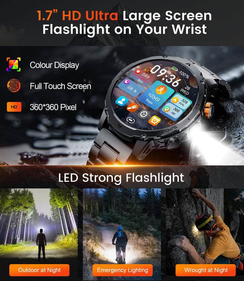 LIGE Military Smart Watches for Men(3 Bands),1000mAh Battery/1.7" HD Large Screen Smartwatch, Flashlight/120+ Sports Modes/Sleep Monitor, 5ATM Waterproof Fitness Tracker Watch for Android iOS,Black Black