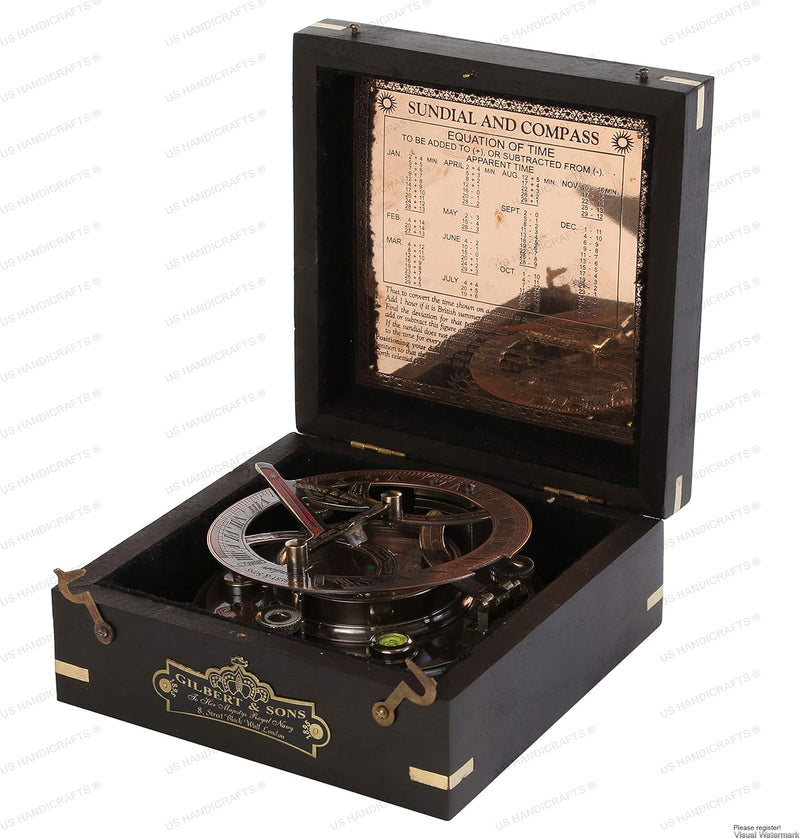 [AUSTRALIA] - ShalinIndia Brass Sundial and Compass - Leather Storage Box 