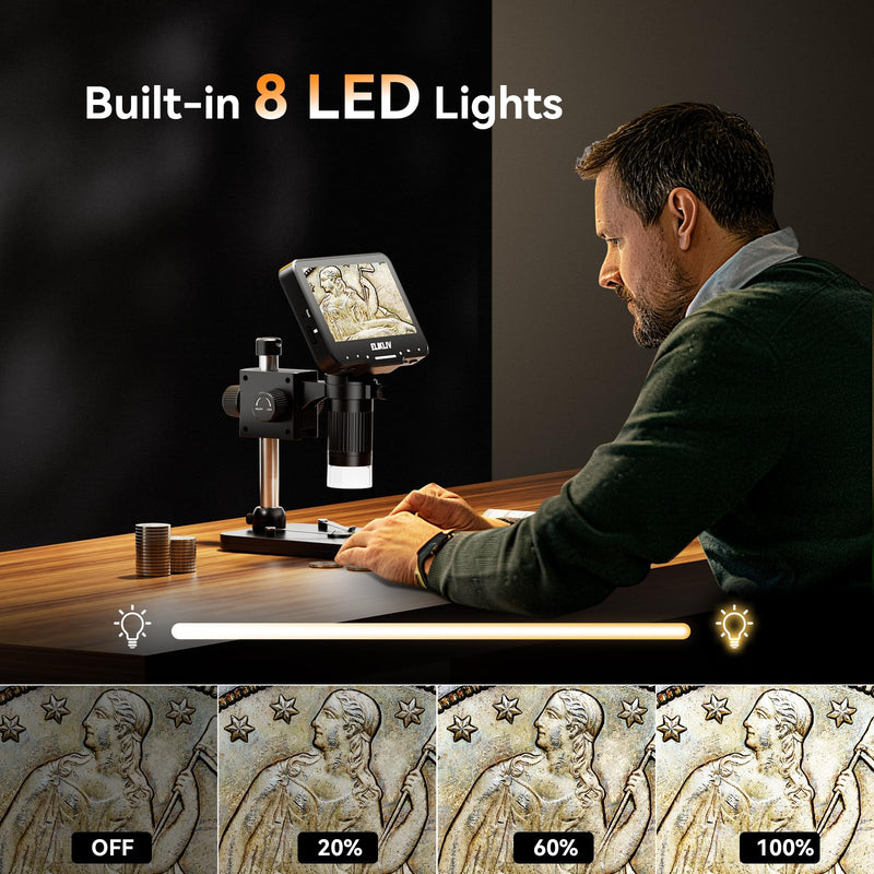 Elikliv EDM4 Max Coin Microscope, 4.3'' LCD Digital Microscope 1000x Coin Magnifier with 8 Adjustable LED Lights, PC View Compatible with Windows/MacBook, Great for Adults and Kids, Collector Black