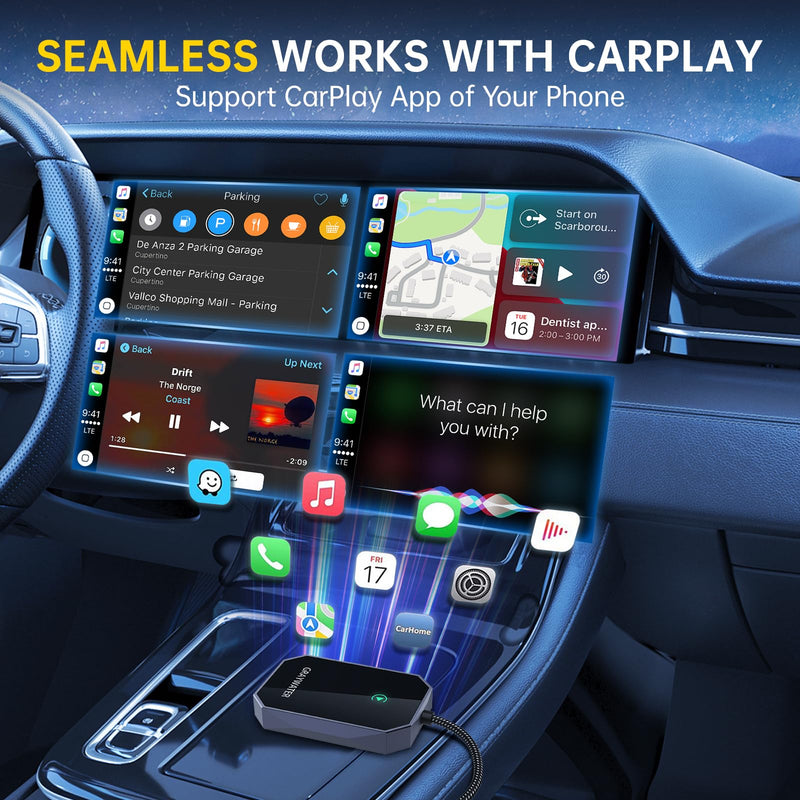 Wireless CarPlay Adapter, Convert OEM Wired to Wireless Car Play Dongle Fit for Cars 2015+ & for Apple iPhone iOS 10+, Innovative Seamless Control Plug & Play Black Gray