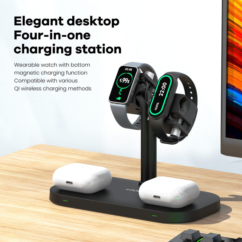 4-in-1 Dual iPhones Wireless Charging Dock and Dual iwatch Stand | Charger Stand for iPhone, for AirPods/Buds, for Samsung,for Galaxy Fit/Xiaomi Band/Amazfit Band/Fitbit Inspire HR(433-B) A433SW-Black