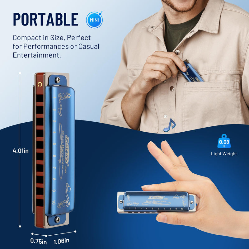 [AUSTRALIA] - East top Diatonic Harmonica Key of E, 10 Holes 20 Tones 008K Diatonic Mouth Organ Harmonica with Blue Case, Standard Harmonica For Adults, Professionals and Students blue-E 