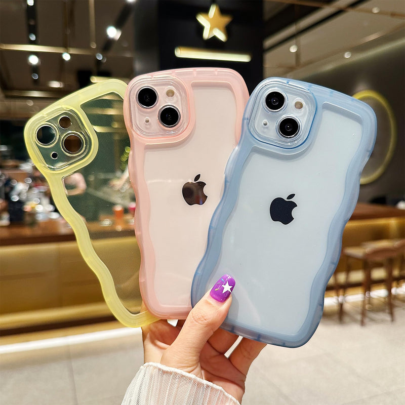 Compatible with iPhone 13 Case 6.1" 2021, Cute Kawaii Curly Wave Frame Shape Soft Silicone Shockproof Protective Phone Cover for Women Girls, Clear/Pink