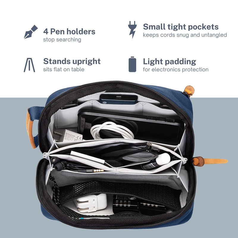 Tech Bag Organizer - Small Electronics Organizer Pouch for Travel - Premium Travel Case with Leather Accents - Mesh Pocket for Cables, Cords and Chargers (Navy) Navy