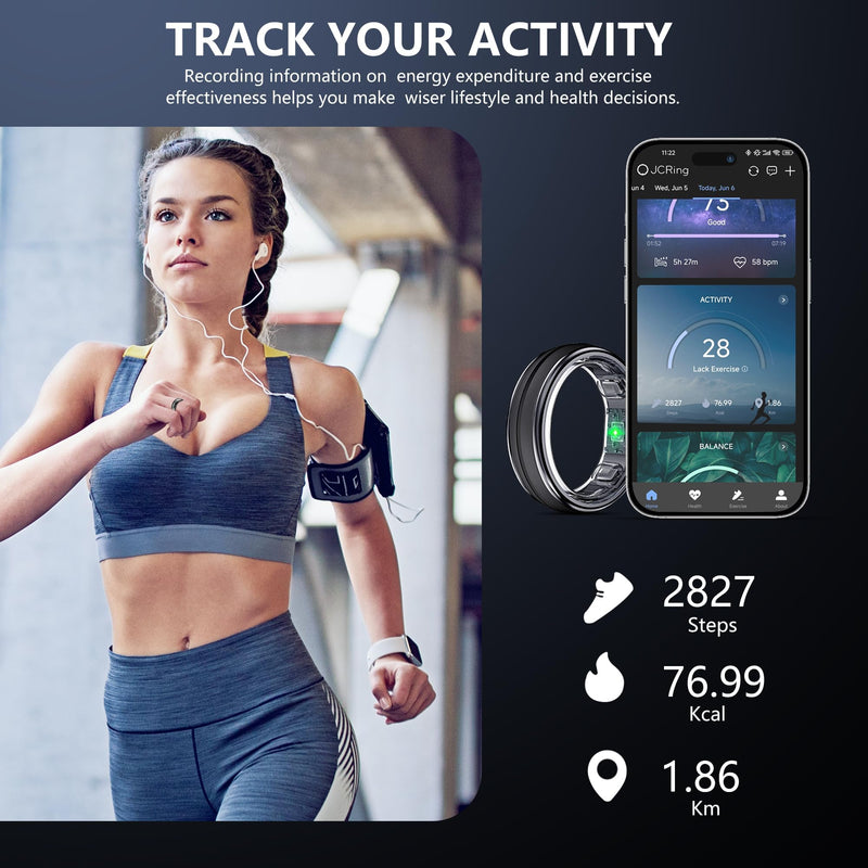 Smart Ring for Women Men - Fitness Ring with Sleep & Step Tracker | Waterproof Health Ring with Heart Rate Monitor, (Black, 9)