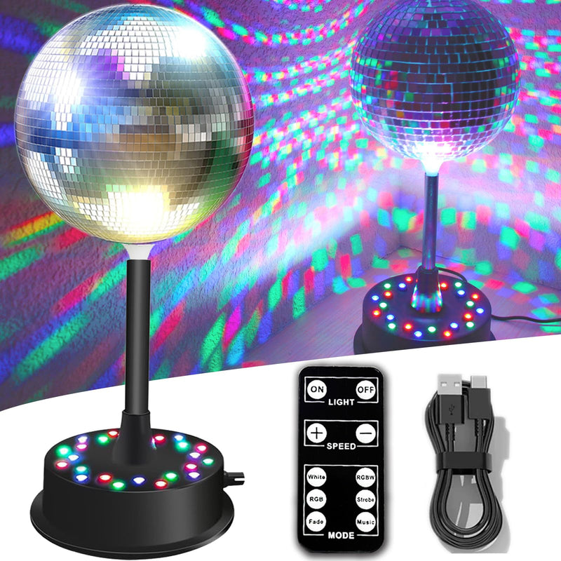 Remote RGBW Rotating Mirror Ball Light,5-10RPM Adjustable Speed Light Up Spinner 23 LED Disco Motor with 6" Mirror Ball for Birthday Party Decor