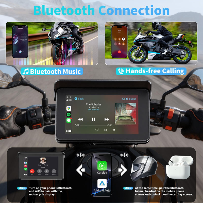 Motorcycle Carplay Screen with Wireless Apple Carplay & Android Auto, 5" Portable IP67 Waterproof Touchscreen Carplay GPS Navigation for Motor, Dual Bluetooth, Voice Control & Siri/Google Assistant