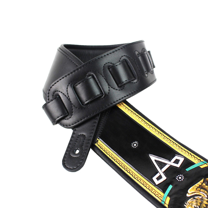 [AUSTRALIA] - Walker And Williams KB-52-BLK Handmade Heritage Series Black Leather Guitar Strap With Hand Carved And Painted Mexican Coat Of Arms Design For Acoustic, Electric, And Bass Guitars 