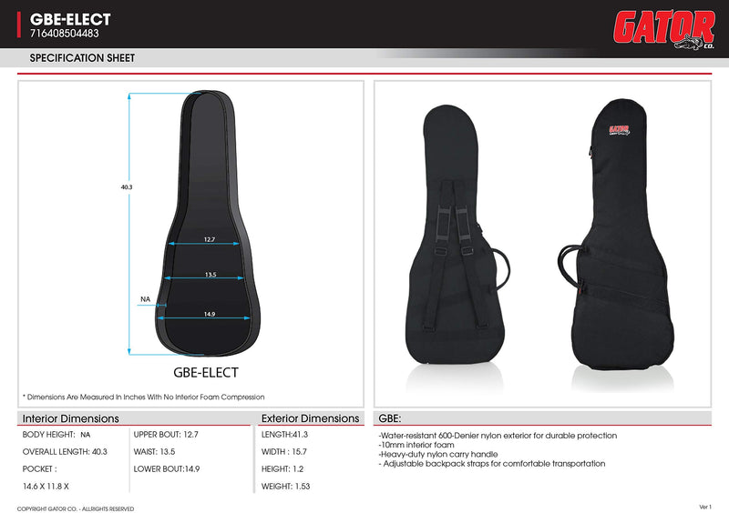 Gator Cases Foam Padded Electric Gig Bag Fits Stratocaster and Telecaster Style Guitars up to 40.3" Length (GBE-Elect) Standard Standard Electric Guitars