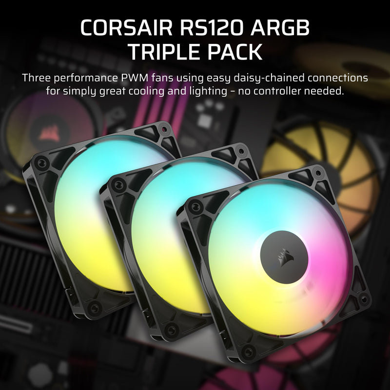 CORSAIR RS120 ARGB 120mm PWM Fans – Daisy-Chain Connection – Low-Noise – Magnetic Dome Bearing – Triple Pack – Black 3 x 120mm