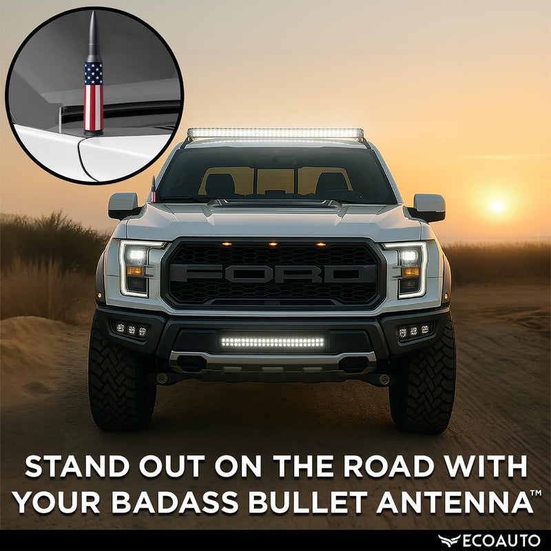 [AUSTRALIA] - EcoAuto Bullet Antenna Replacement for Dodge Ram & Ford F150 F250 F350 Super Duty Ford Raptor Bronco Trucks - Anti-Theft Design - Radio Antenna for Truck 1990 - Current (American Flag) American Flag 