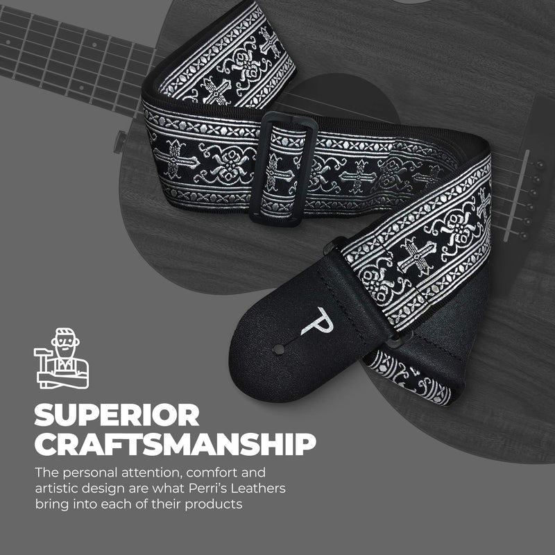 [AUSTRALIA] - Perri’s Leathers Jacquard Guitar Straps - Adjustable Length 39" to 58", Genuine Leather Ends, Silver Cross Design, Electric, Bass, Acoustic Guitar Strap - Metallic Silver 