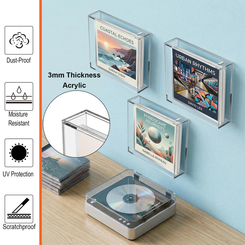 CD Jewel Case Holder for Single and Chubby CD Box Wall Mount Protector Case Holder Display Frame Shelf-5.75X5X1.1 inches (Large) Large
