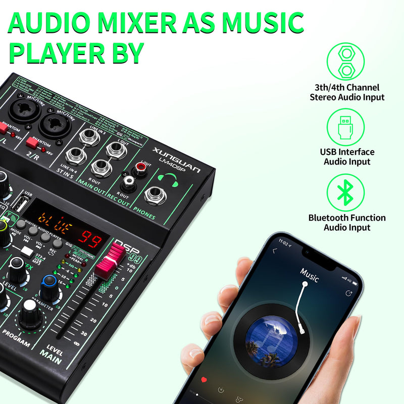 LM4DSP Audio Mixer 4 Channel,99 DSP metal body Sound Board Mixing Console with USB Bluetooth Echo Delay Effect,48V Power for Professional for Recording,Live Streaming,Podcasting DJ Music Application LM4DSP