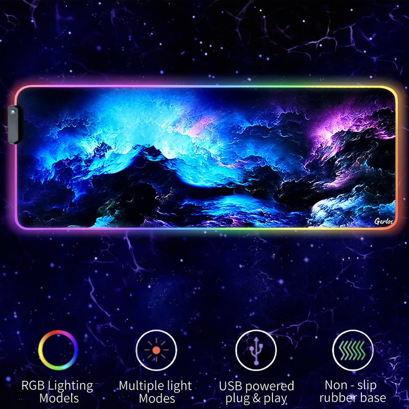 RGB Gaming Mouse Pad, Gerlos Large Extended Soft Led Mouse Pad with 12 Lighting Modes 2 Brightness Levels, Water Resist Keyboard Pad, Computer Keyboard Mousepads Mat 800 x 300mm / 31.5×11.8 inches Blue